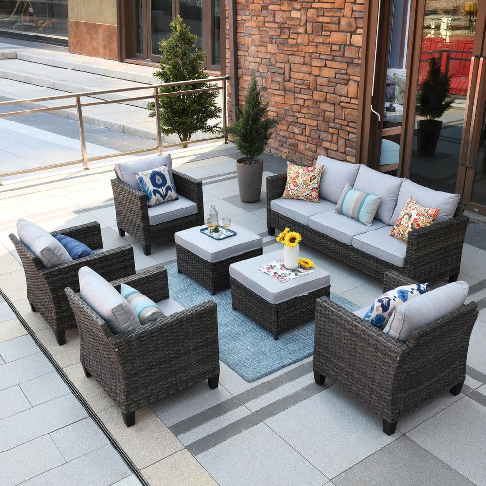 OVIOS New Vultros Gray 7-Piece Wicker Outdoor Patio Conversation ...