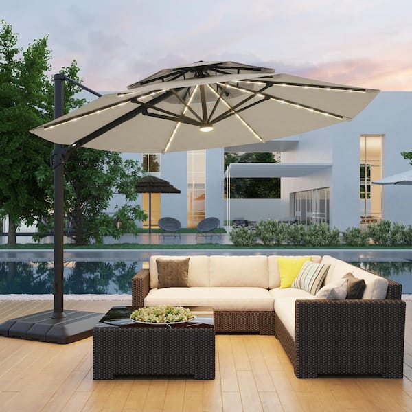 Sonkuki 11 ft. Double Top Solar LED Round Aluminum Cantilever Outdoor Umbrellas with Base Stand in Sand