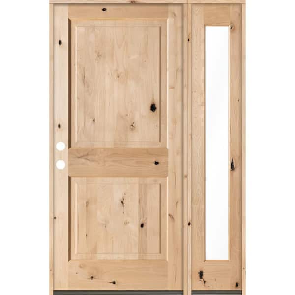 Krosswood Doors 56 in. x 80 in. Rustic Knotty Alder Right-Hand/Inswing Clear Glass Unfinished Square Top Wood Prehung Front Door w/RFSL