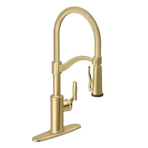 Bryson Single-Handle Spring Sprayer Kitchen Faucet with Metal Sprayer in Matte Gold
