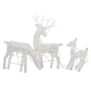 30 in. Christmas Outdoor Decoration White Glittered Doe Fawn and Reindeer Lighted (3-Pack)