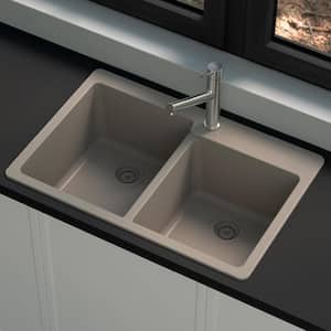 Stonehaven 33 in. Drop-In 60/40 Double Bowl Taupe Ice Granite Composite Kitchen Sink with Taupe Strainer