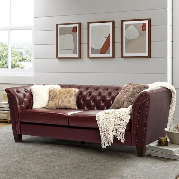 Jayden Creation Nuria 87 in. Wide Brown Leather Sofa with Removable Back Cushions