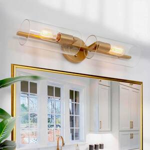 Mid-Century Cylinder Bathroom Vanity Light 2-Light Transitional Brass Gold Tube Wall Light with Seeded Glass Shades