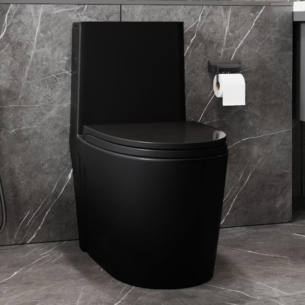 FAMYYT One-Piece 1.1/1.6 GPF Dual Flush Elongated Toilet in Matte Black with Soft-Close Seat