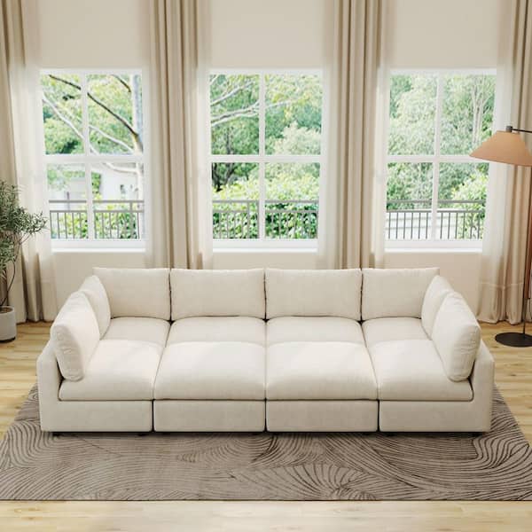 Magic Home Sofa Covers Washable, 134 in. Square Arm Chenille Modular Sofa with 2 Ottomans, Solid Pine Wood Frame in White