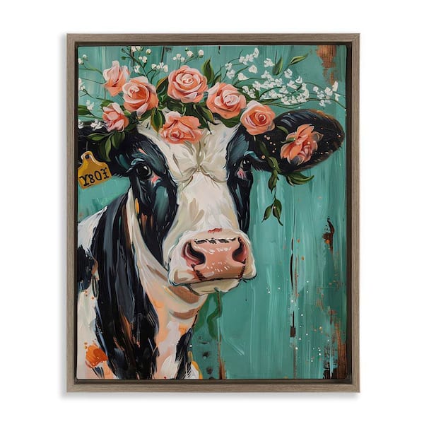 Stupell Industries Floral Cow on teal by LSR Design Studio Brown Floater Frame Animal Graphic Art Print 21 in. x 17 in.