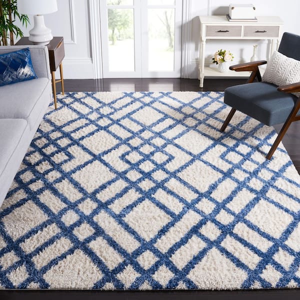 Berber 8 ft. x 10 ft. Ivory/Blue Geometric Area Rug