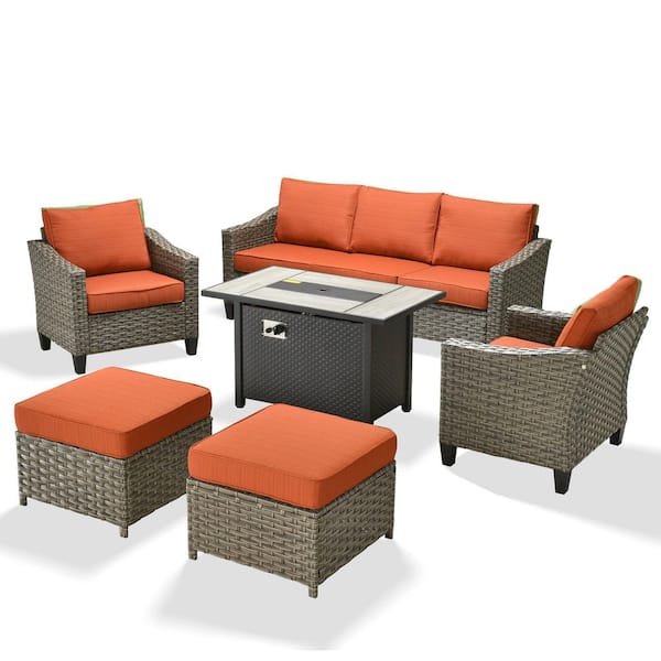 Rosy 6-Piece Wicker 5-Seat Outdoor Fire Pit Furniture Patio Conversation Sofa Seating Set with Orange Red Cushions