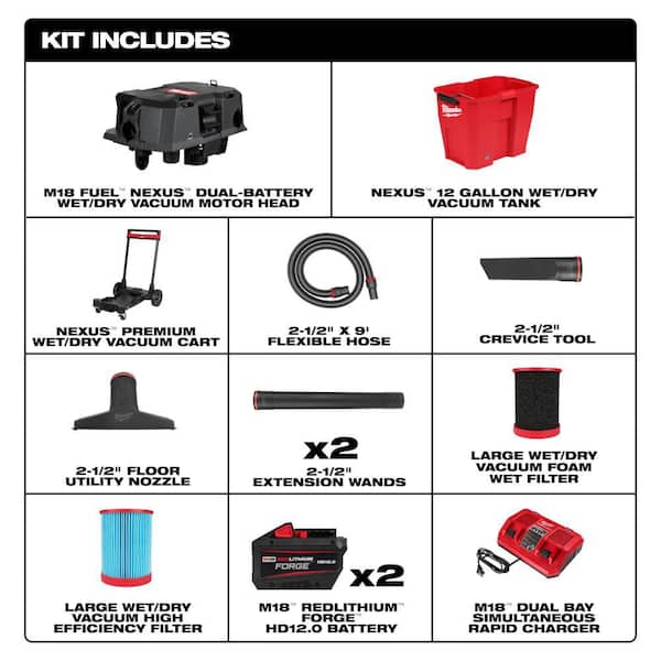 M18 FUEL 12 Gallon Cordless DUAL-BATTERY Wet/Dry Shop Vac Kit W/12.0 Ah Battery, and Charger w/Large Foam Wet Filter
