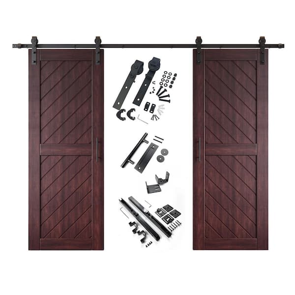 HOMACER XT1 26 in. x 80 in. C-Panel Red Mahogany Slanted Stripe Design Double Pine Wood Sliding Barn Door with Hardware Kit