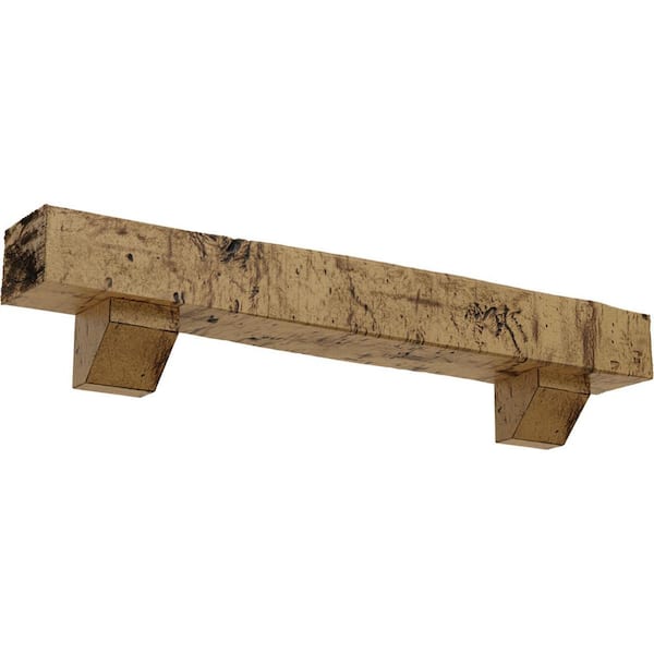 Ekena Millwork 4 in. x 4 in. x 7 ft. Knotty Pine Faux Wood Fireplace Mantel Kit, Ashford Corbels, Natural Golden Oak