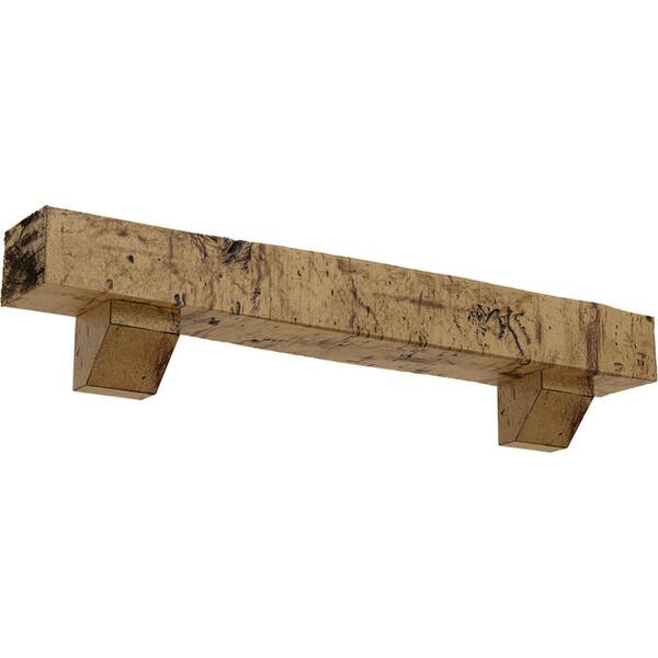 Ekena Millwork 4 in. x 8 in. x 5 ft. Knotty Pine Faux Wood Fireplace Mantel Kit with Ashford Corbels, Natural Golden Oak