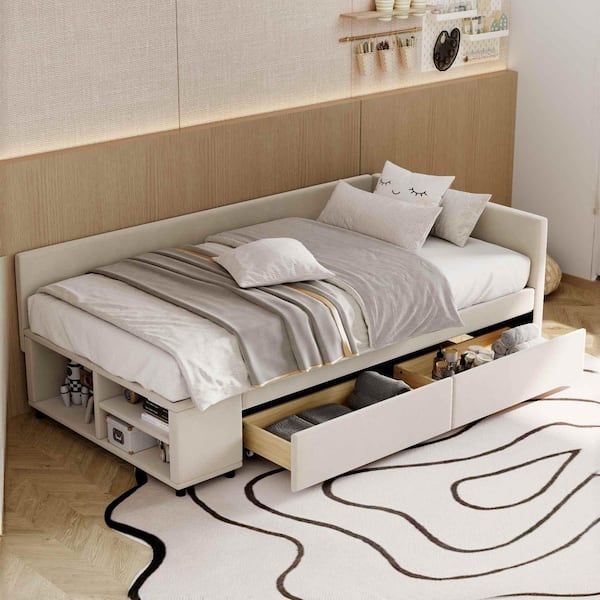 Beige Wood Frame Twin Size Platform Bed with Storage and Drawers
