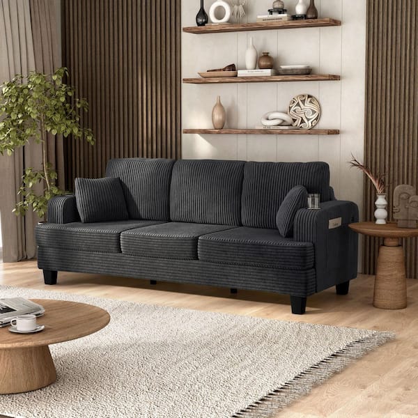Furniture of America Kasin 84.3 in. Track Arm Chenille Rectangle Small Space Sofa With USB Ports And Cup Holders in Dark Gray