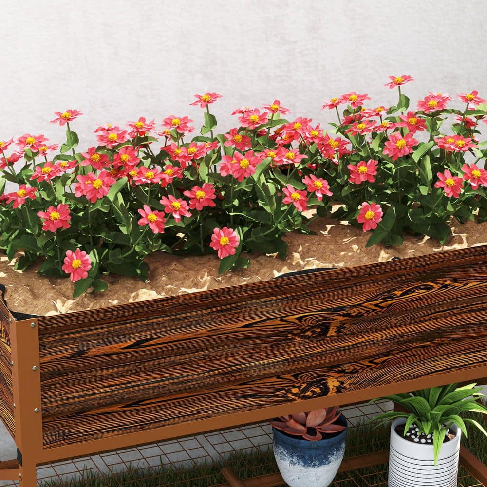 Dark Brown Galvanized Metal Raised Garden Bed with Storage Shelf
