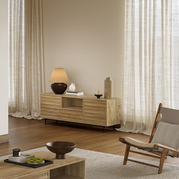 Natural Wood Mid-Century Modern 2-Door 1-Drawer TV Stand Fits TV's up to 65 in. with Metal Legs