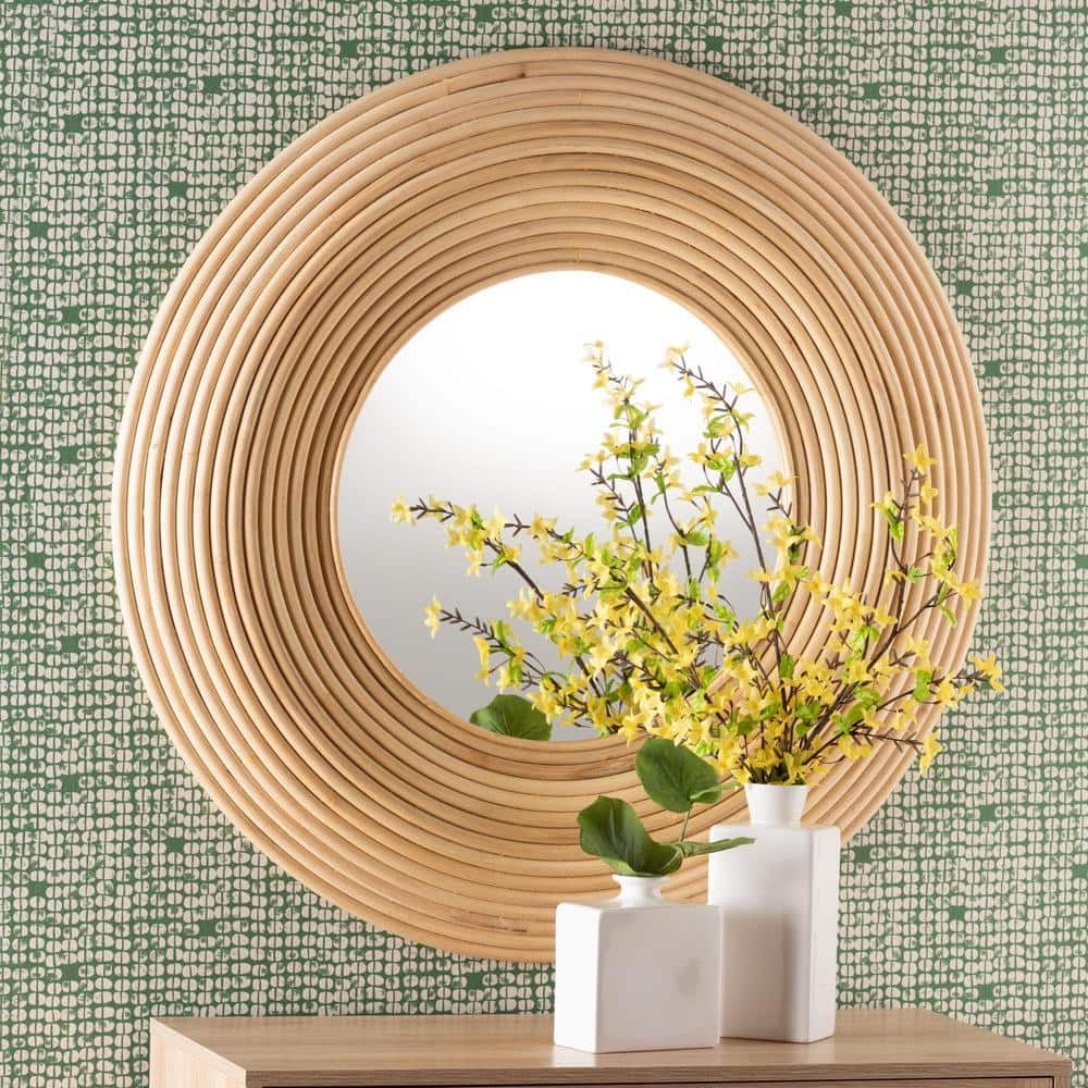 Natural Light Brown Rattan Round Decorative Wall Mirror