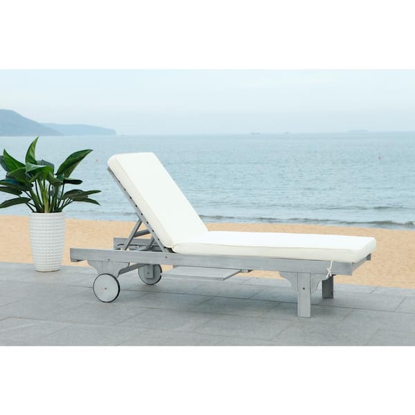 Newport Ash Grey 1-Piece Wood Outdoor Chaise Lounge Chair with White Cushion