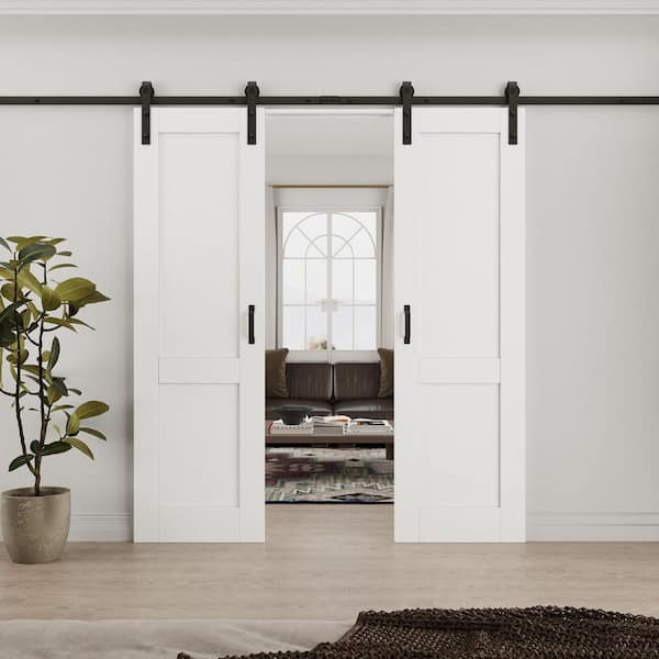 48 in. x 80 in. (Two 24 in. Slabs) Paneled 2-Lite White Primed MDF Sliding Barn Door with Hardware Kit
