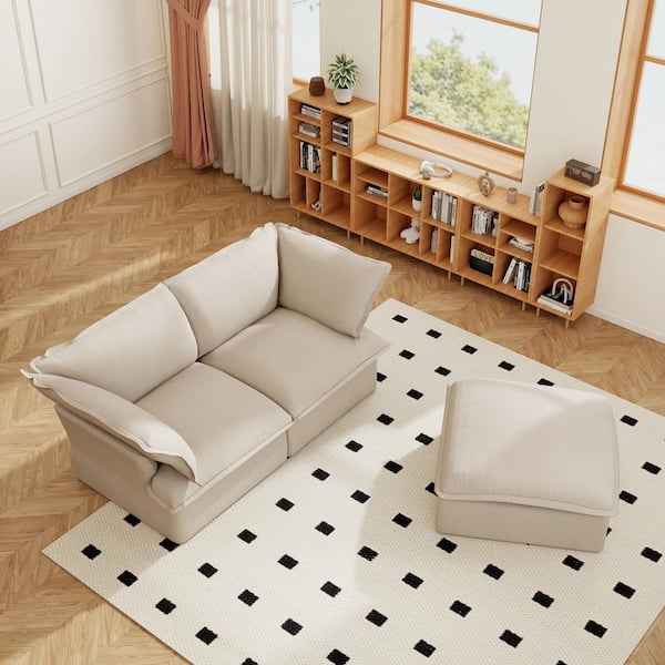 Down Filled 83 in. Flared Arm 3-piece Linen Deep Seat Modular Sectional Sofa with Romovable Covers Ottoman in. Beige