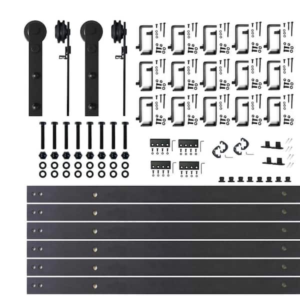HOMACER 18 ft./216 in. Black Rustic Double Track Bypass U-Shape Sliding Barn Door Hardware Kit - Straight Design Roller
