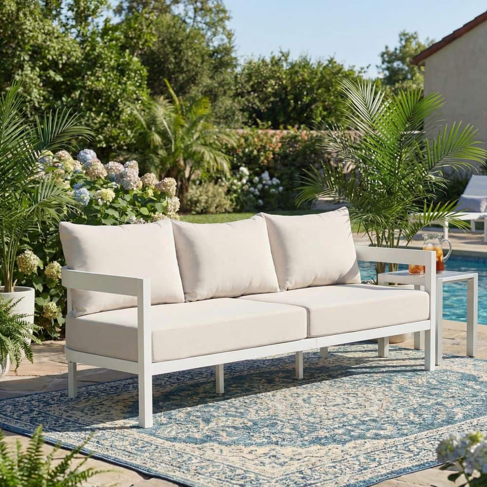 Weaver 75.8 in. Aluminum Outdoor Patio Fabric Curved 3-Seater Sectional Sofa in White with Beige Cushions + price history on PriceWatchPro