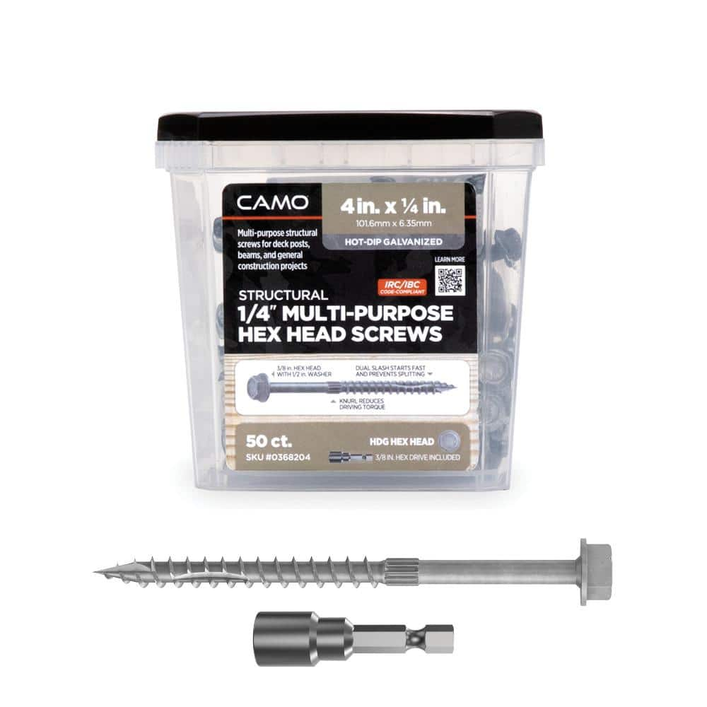 1/4 in. x 4 in. Hex Head Multi-Purpose Hex Drive Structural Wood Screw - Hot Dip Galvanized (50-Pack) -  CAMO, 0368204