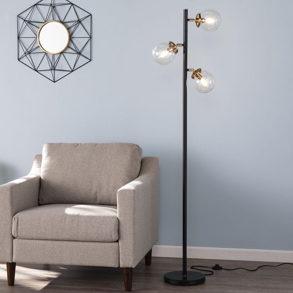 Boltonly Black and Gold 3-Light Floor Lamp with Glass Globes
