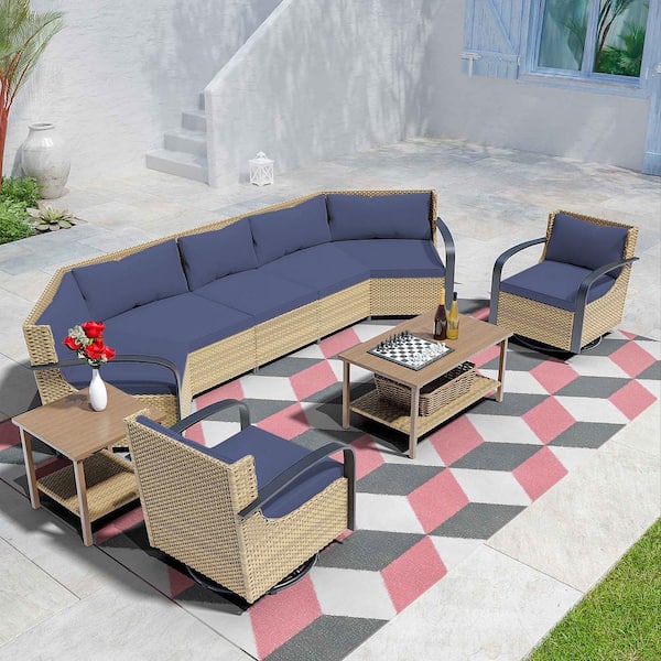INMITOM 5-Piece Outdoor Patio Conversation Set with Blue Cushions, Seats 7, Includes Coffee Table