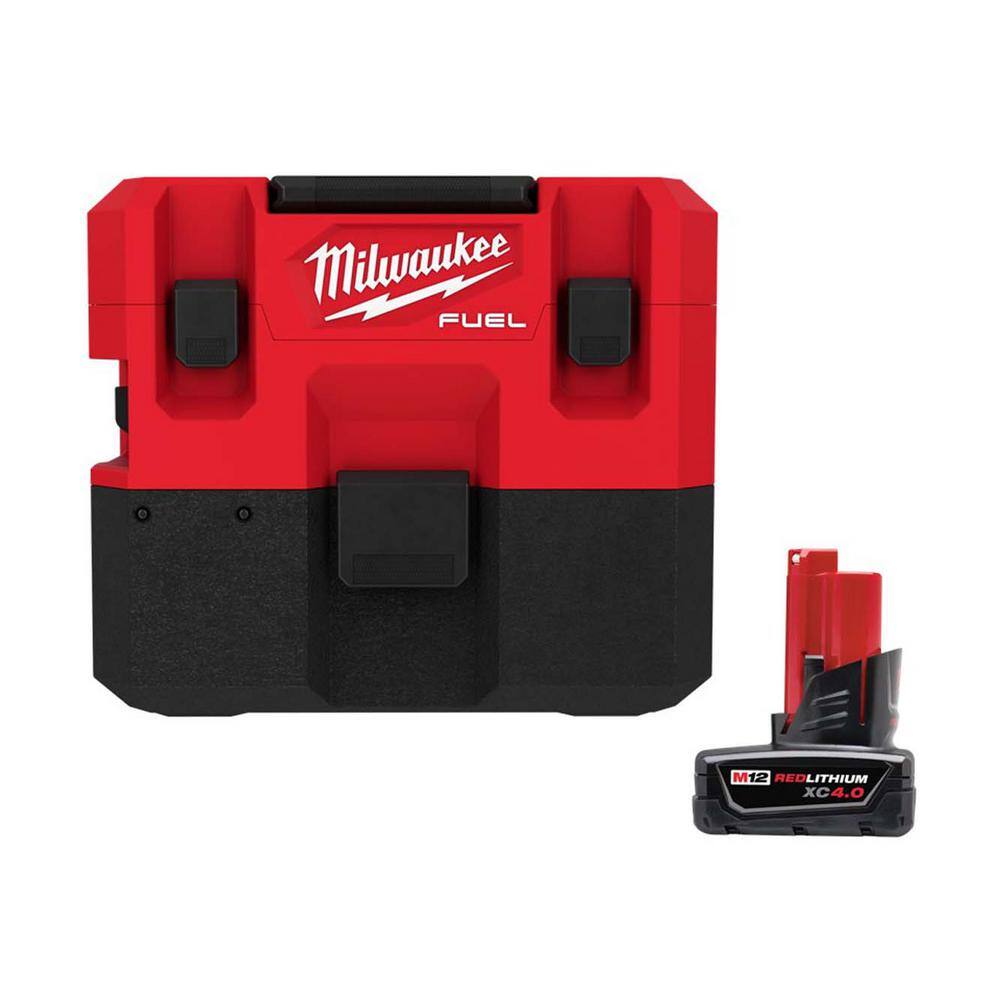 Milwaukee M12 FUEL 12-Volt Lithium-Ion Cordless 1.6 Gal. Wet/Dry Vacuum and M12 XC Extended Capacity Battery Pack 4.0Ah, Reds/Pinks
