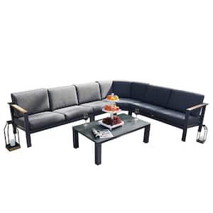 Ivy Black 5-Piece Aluminum Patio Conversation Sectional Set with Black Cushions