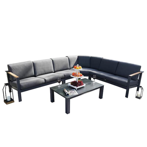 DIRECT WICKER Ivy Black 5-Piece Aluminum Patio Conversation Sectional Set with Black Cushions