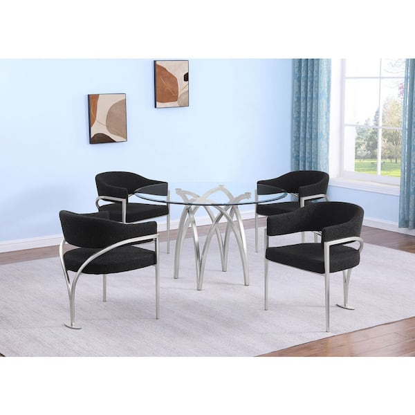 Best Quality Furniture Bayton 5-Piece Clear Tempered Glass Top Brushed Matte Chrome-Plated Base Dining Set With 4-Black Color Chairs