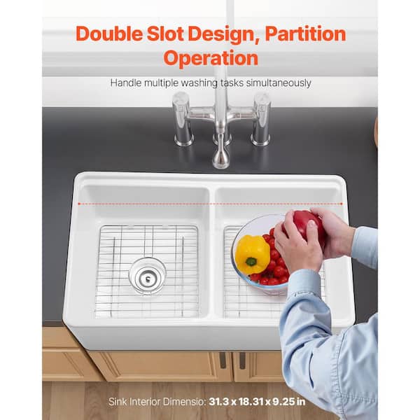 SKYSHALO Drop-in Farmhouse Sink 33 x 20 in. Fireclay Undermount