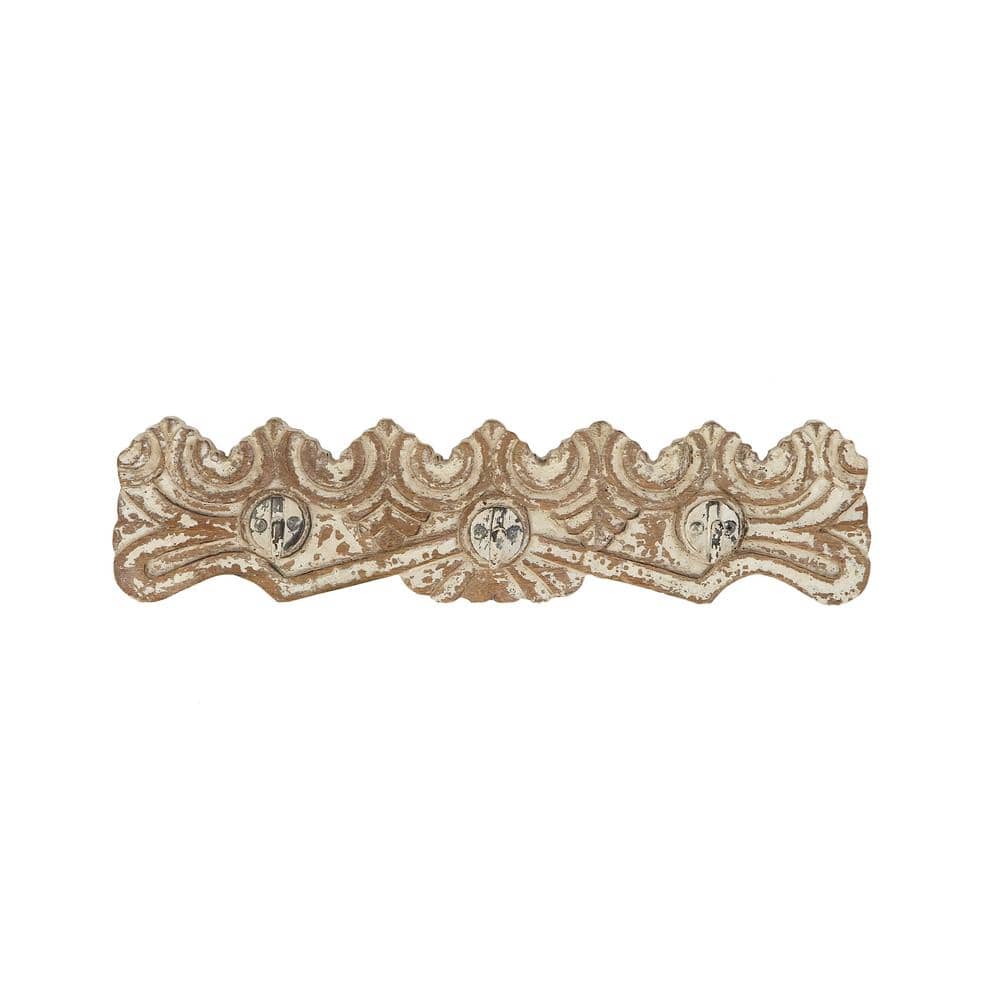 Distressed Brown Mango Wood and Iron Carved Wall Hook Rack