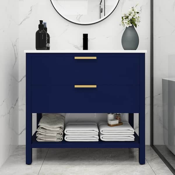 36 in. W x 18.3 in. D x 34 in. H Freestanding Bathroom Vanity Set in Navy Blue with Integrated White Resin Top