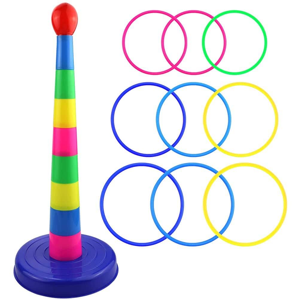 3 Ring Toss Game Set with 9 Rings and Tower, 17.7-Inch Tall, Outdoor Lawn Game for Kids and Adults