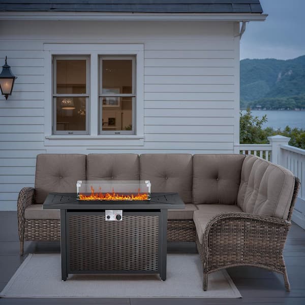 Carlos 3-Piece Wicker Patio Conversation Set with Fire Pit Table, 6-Seat Outdoor Sectional Sofa Set with Gray Cushions
