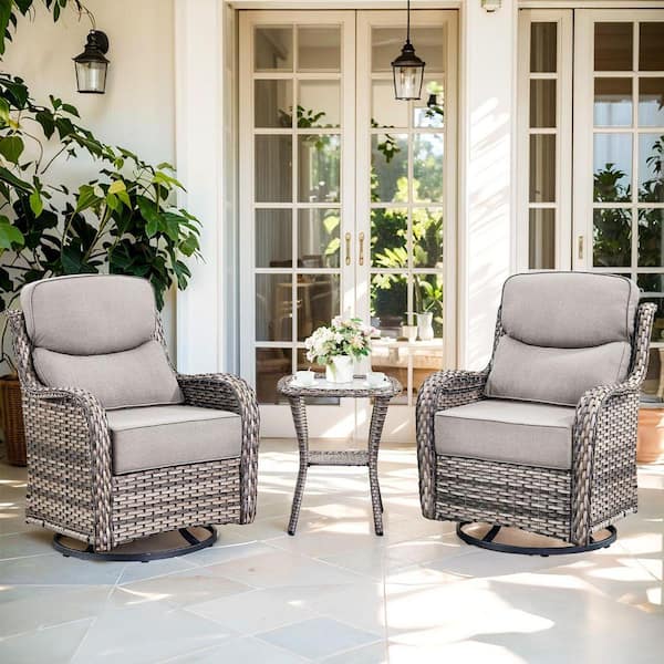 NovaSwivel 3-Piece Gray Wicker Patio Conversation Set Outdoor Swivel Glider Chair with 6 in. Thick Gray Cushions