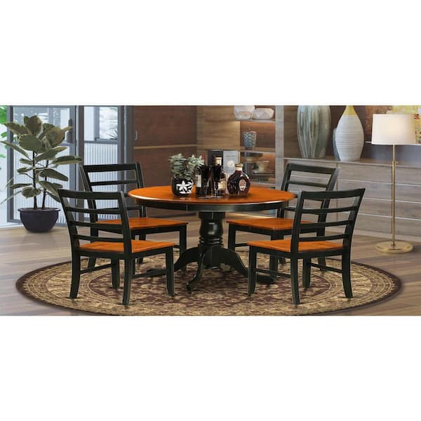 East West Furniture 5-Piece Round Black Finish Solid Wood Top Dining table with 4-Chairs with Lattice Back