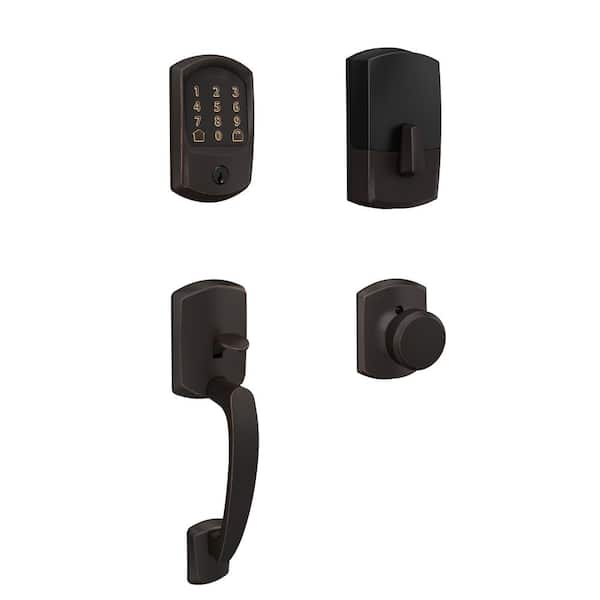 Greenwich Aged Bronze Encode Smart Wi-Fi Deadbolt with Alarm and Entry Door Handle with Bowery Knob and Greenwich Trim