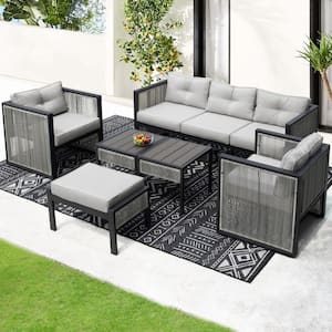 Gray 8-Pieces PE Wicker Outdoor Patio Sectional Set with Cushions, Ottoman and 2-Side Tables