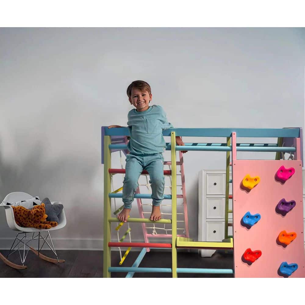Magnolia Indoor Wood 6-in-1 Playset, Slide, Rock Climb Wall, Rope Wall Clim