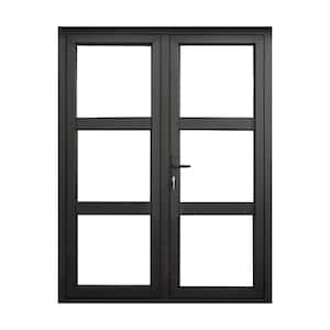 Teza French Doors 61.5 in. x 80 in. Matte Black Aluminum French Door 3 Lite Right Hand Inswing