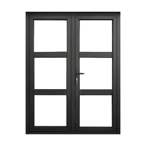 TEZA DOORS Teza French Doors 61.5 in. x 80 in. Matte Black Aluminum French Door 3 Lite Right Hand Inswing