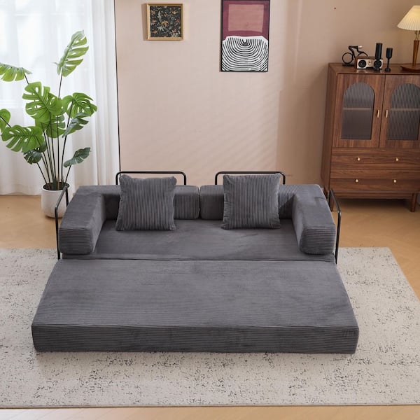 Dark Gray Convertible Folding Mattress Couch with Pillow Back Support Armrest Corduroy Floor Sofa Bed Recliner