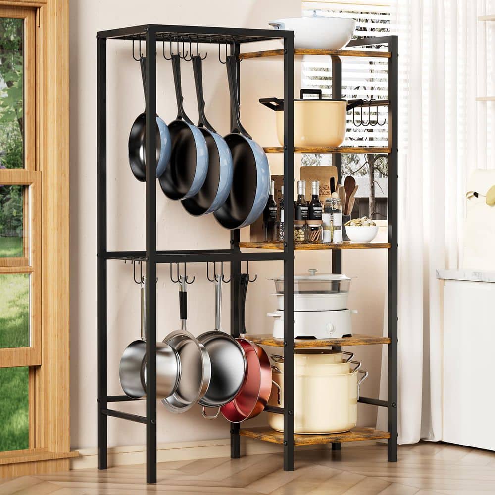 5-Tier Black Brown Pot and Pan Organizer with Hooks, Kitchen Storage Shelf for Cookware, Freestanding Metal Pot Rack price history on PriceWatchPro