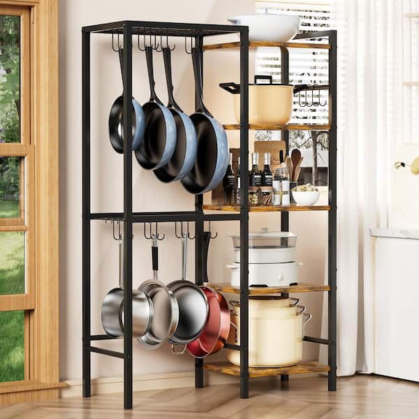 5-Tier Black Brown Pot and Pan Organizer with Hooks, Kitchen Storage Shelf for Cookware, Freestanding Metal Pot Rack