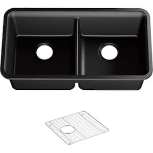 Cairn Undermount Neoroc Granite Composite 33.5 in. Double Bowl Kitchen Sink in Matte Black with Basin Rack